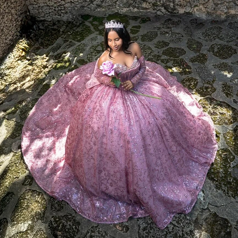 

Pink Shiny Quinceanera Dresses Off Shoulder Ball Gown Sweet 16 Dress Beading Crystal Sequin Applique LaceTull Birthday Party