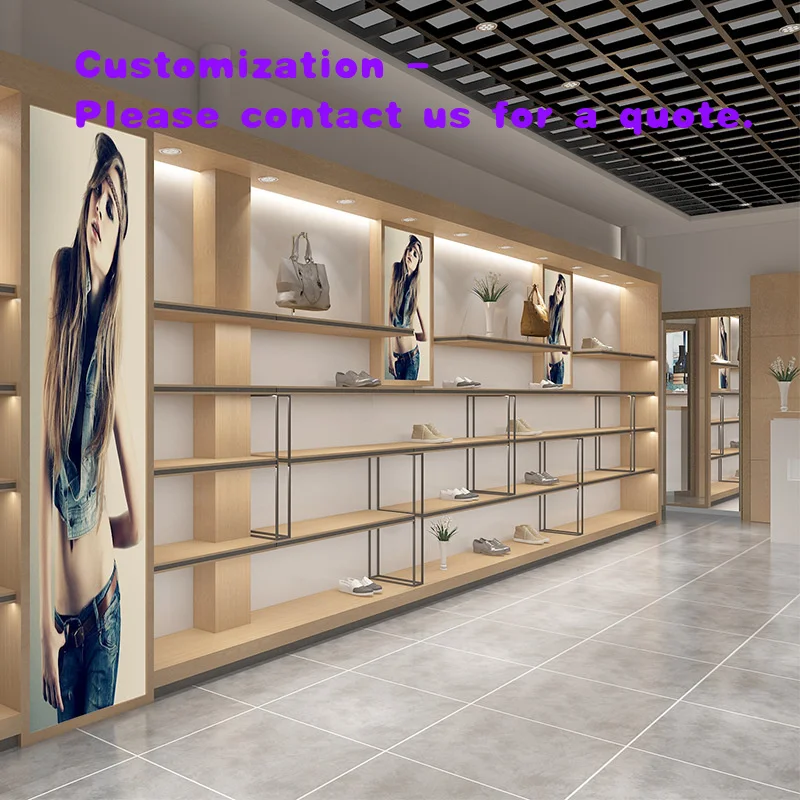 custom.Modern Wall-mounted Wood Shoe Display Cabinet Baking Paint Exhibition Hall Shopping Mall Product