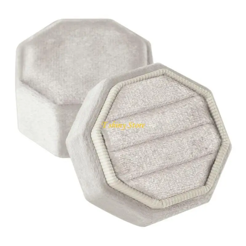N58F Flannel Crafted Octagonal Rings Container Flannel Jewelry Organizers Perfect for Three Rings Engagement Set Display