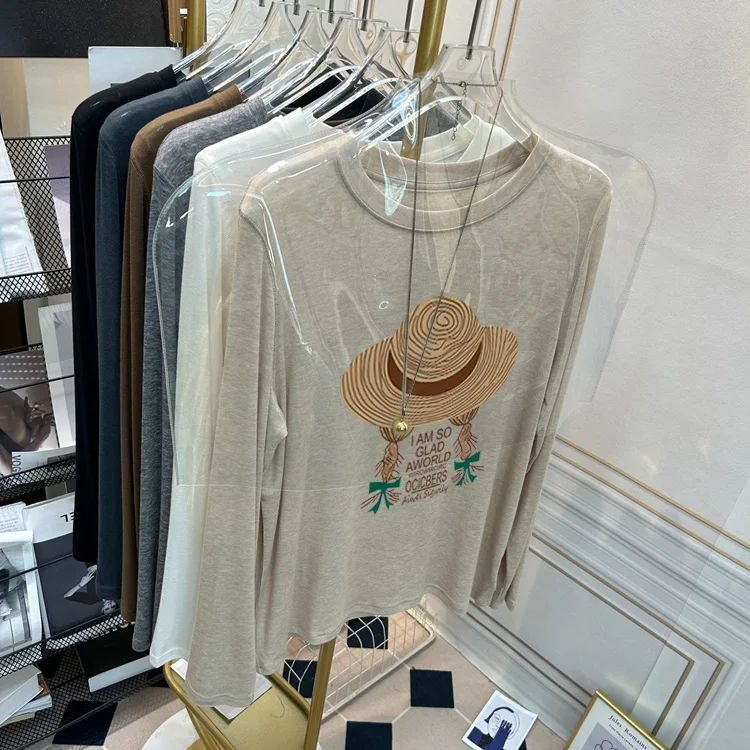 

2025 New round Neck Base Shirt Women's Spring Autumn Slim Fit Trendy Long Sleeve Silk Mask Print T Shirt Inner Wear Small Hat