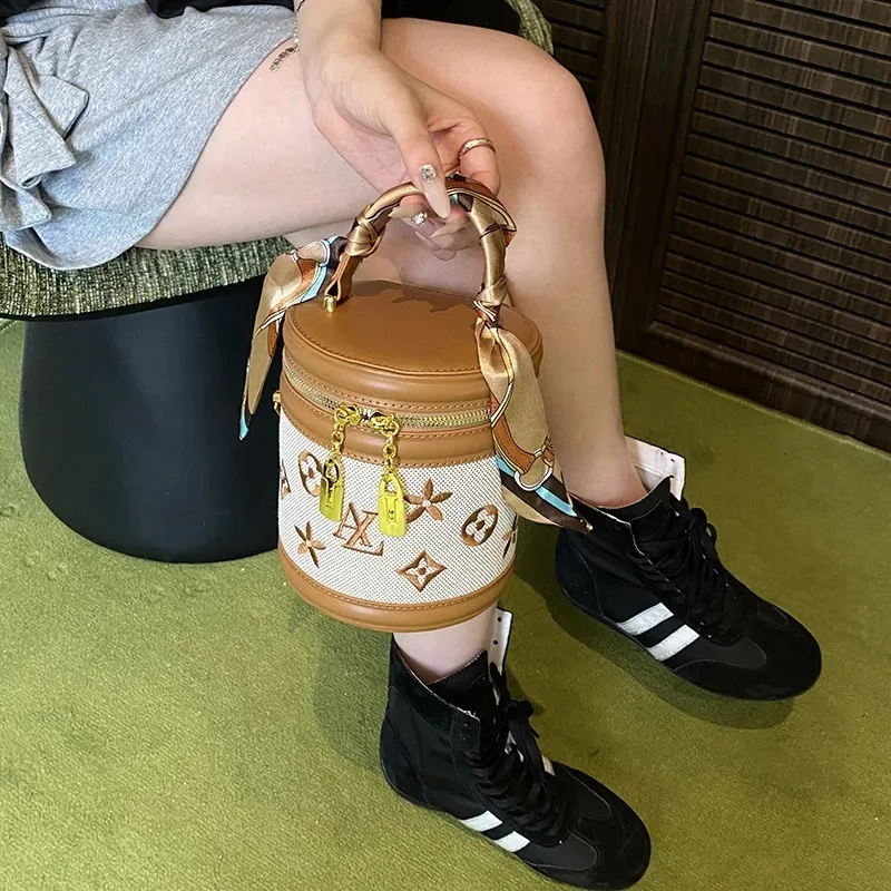 

2025 Cylinder Bucket Bag - Stylish Monogram Shoulder Purse, Vintage Round Handbag for Women