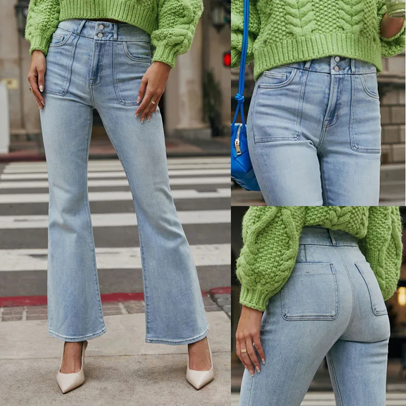 

Брюки-клеш, женские джинсы, джинсы со средней талией, эластичные карманы, потертые винтажные брюки, уличная женская одежда, 2025 г.