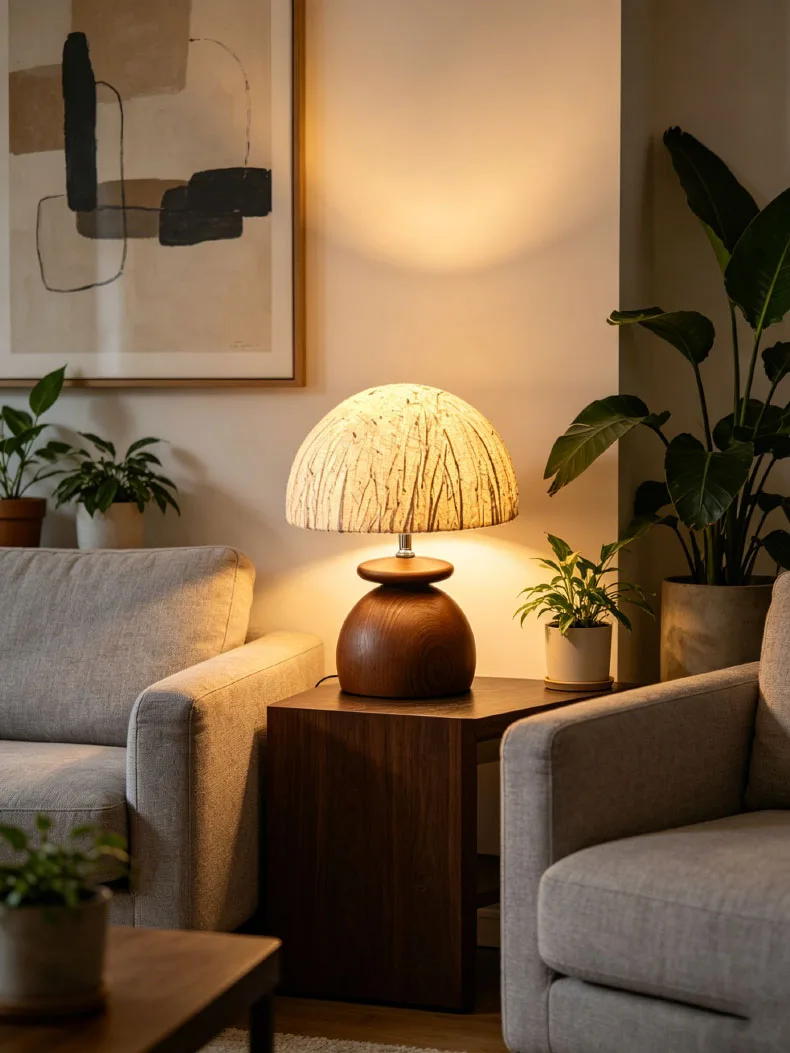 Paper Lampshade Table Lamp Brown Wood Base E27 Bulb For Roon
