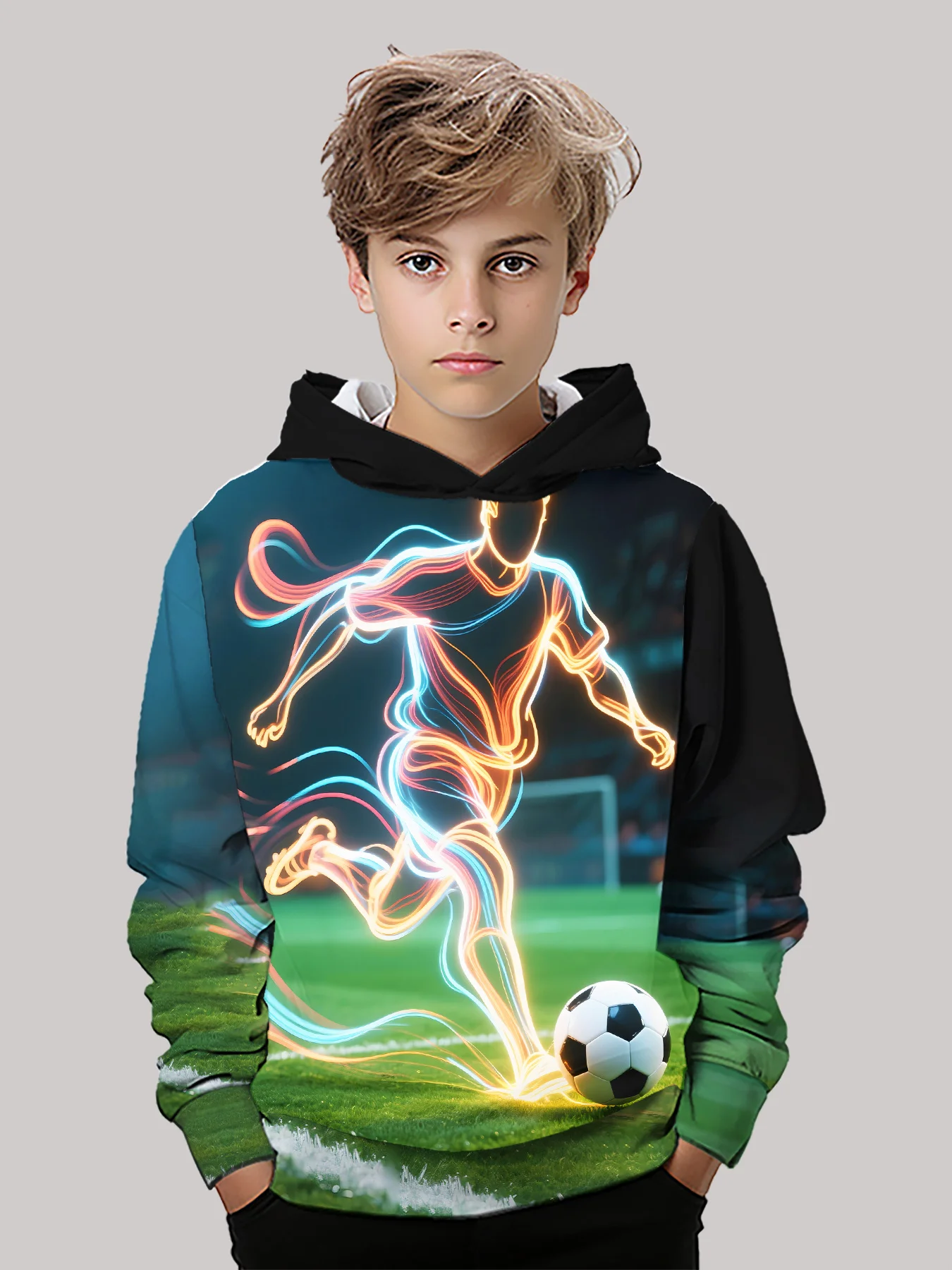 Versatile Kids' Long Sleeve Hoodie | Autumn Winter Street Style, Energetic Soccer Design, Fits Various Occasions
