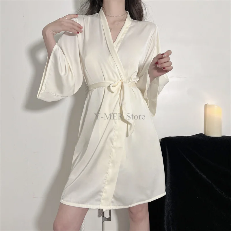 Women Solid Color Robe Satin Bridal Wedding Kimono Bathrobe Gown Short Sleewear Female Rayon Loungewear Intimate Lingerie