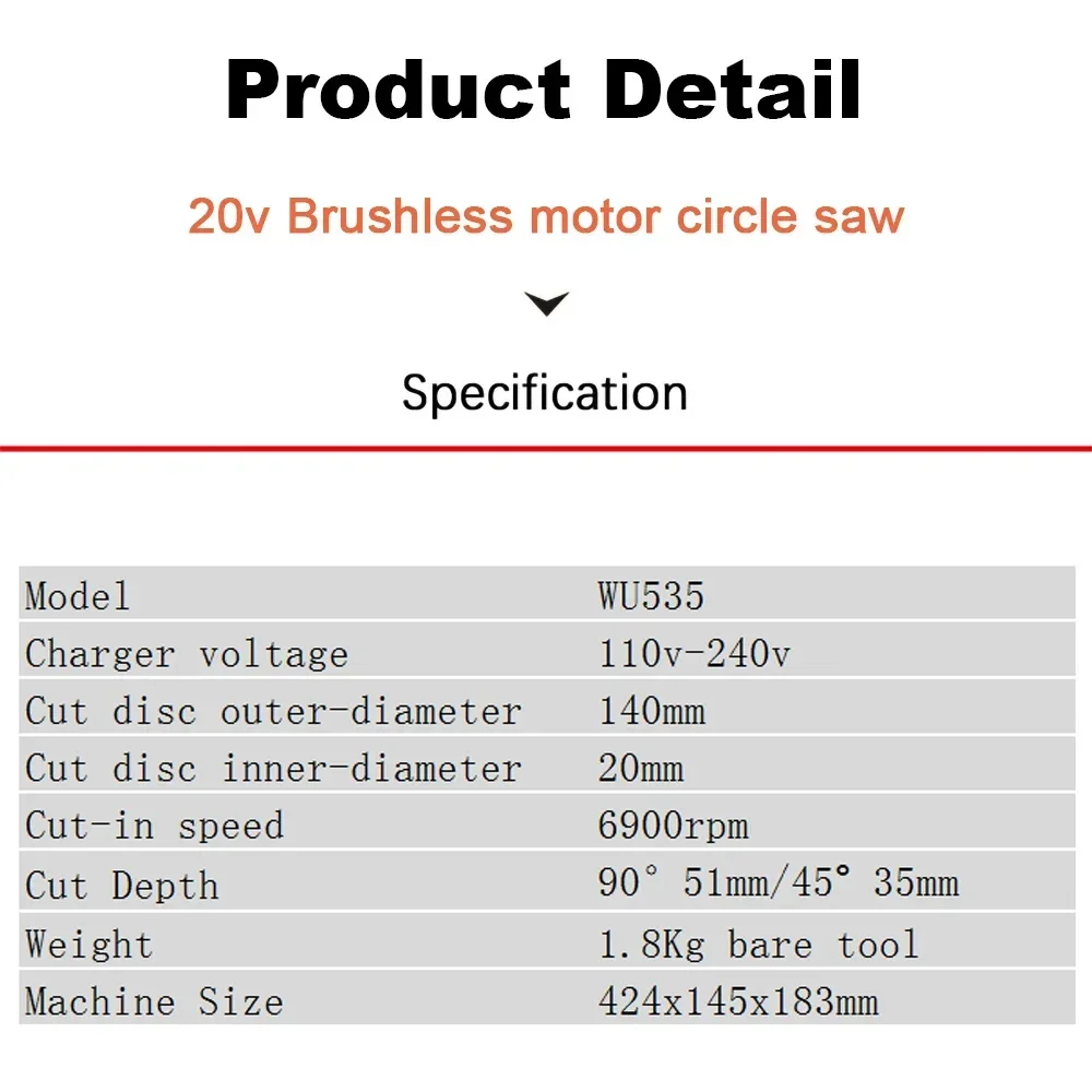 Worx Cordless Circular Saw Brushless Motor WU535 6900rpm 140x20mm Depth51/35mm 45/90Degree Wood Cutting Powershare Green Battery