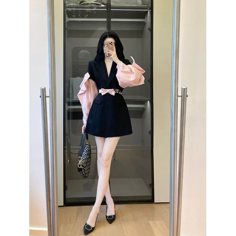 Lnsozkdg 2024 Spring Blazer Women New Fashion Trend Solid Color Notched Collar Pink Bow Bandage Sexy Patchwork Dress High Street