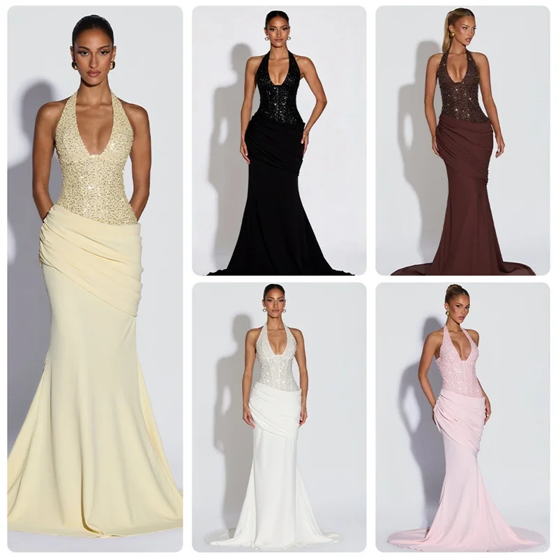 halter-deep‑v-sequined-prom-dress-spliced-draped-ruched-bodycon-mermaid-maxi-party-gown-fitted-banquet-evening-wedding-robe