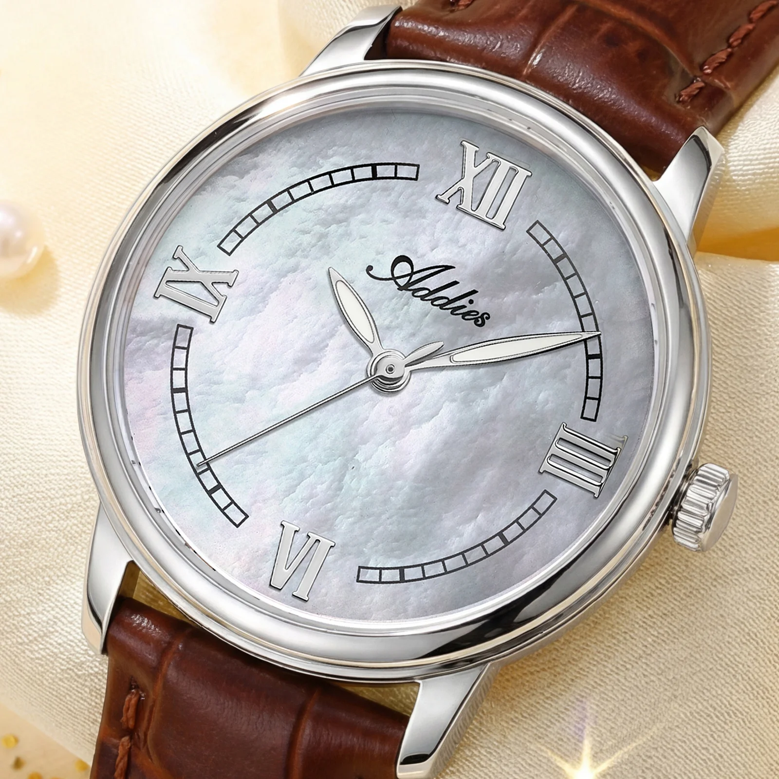ADDIES Elegant Leather Strap Quiet Luxury Women's Quartz Watch 31MM Sapphire Glass Japan GL32 Stainless Steel Ladies Wristwatch