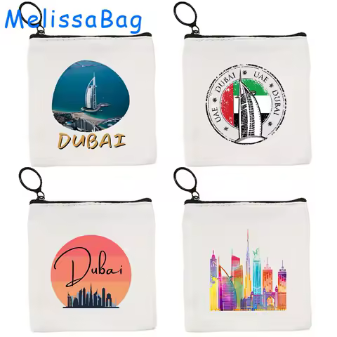 Dubai United Arab Emirates Burj Khalifa Skyscraper Skyline Cute Gifts Canvas Coin Purse Key Case Small Bag Wallet Zipper Pouch