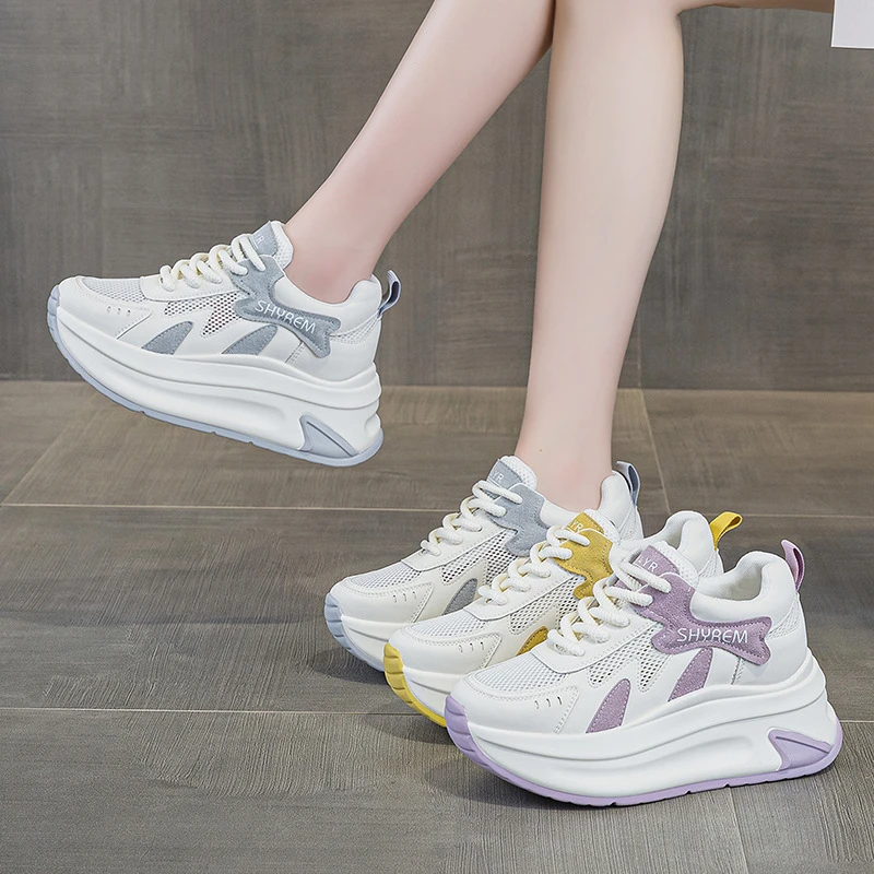 

Womens White Mesh Sneakers Breathable Chunky Platform Height Increasing High Appearance Versatile Summer Casual Skate Shoes