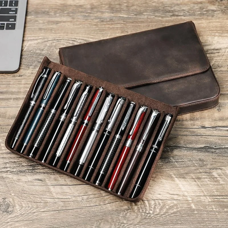 Leather Pen Case Holder Handmade Fountain Multi Pens Pouch Crazy Horse Leather Pen Protective Sleeve Cover Large, Durable