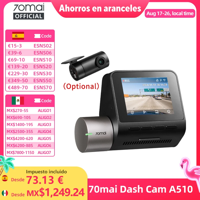Imagen de 70mai Dash Cam A510 1944P HDR GPS ADAS 4G conectividad 70mai 4G cámara frontal A510 coche DVR 24H soporte de estacionamiento cámara trasera