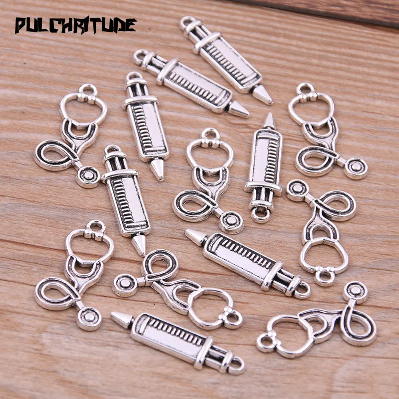 20Pcs Two Color Medicine Syringe Charms Pendants Jewelry Making Stethoscope Charms For DIY Handmade Craft