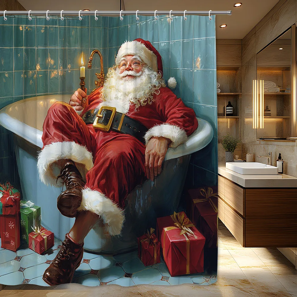 

Santa Bathtub Shower Curtain-Realistic Santa Claus reclining in claw foot bathtub shower curtain with candles and red gift box