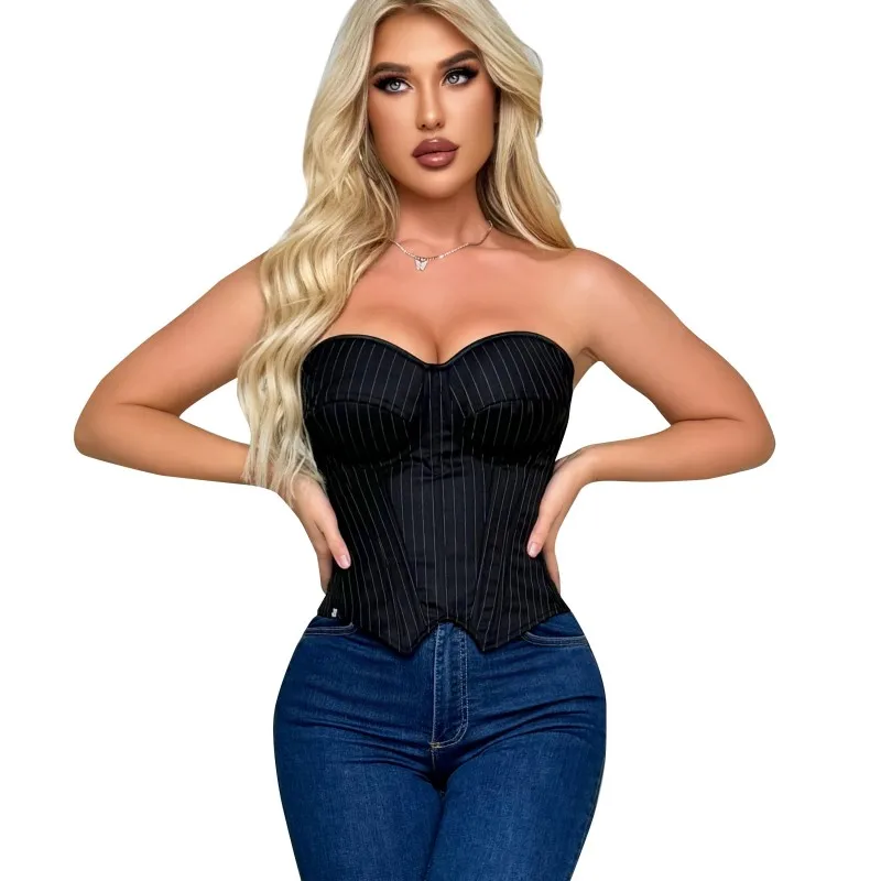 

Women Black Striped Overbust Corset Fashion Lady Bra Bodices Corselet Zipper Bustier Top Korset