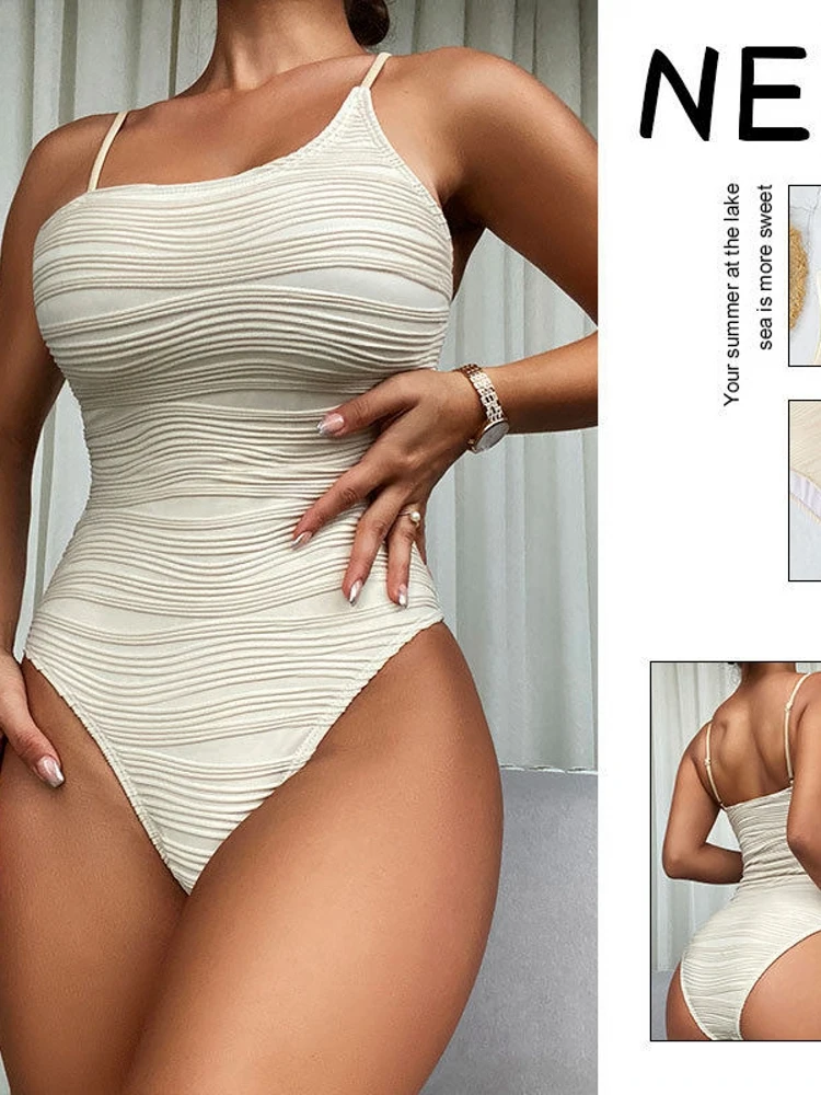 

Pure Color Sexy One-Piece Swimsuit Ladies Hot Spring Bikini Shoulder Texture Casual Surfing Swimsuit with Chest Pad No Steel ...
