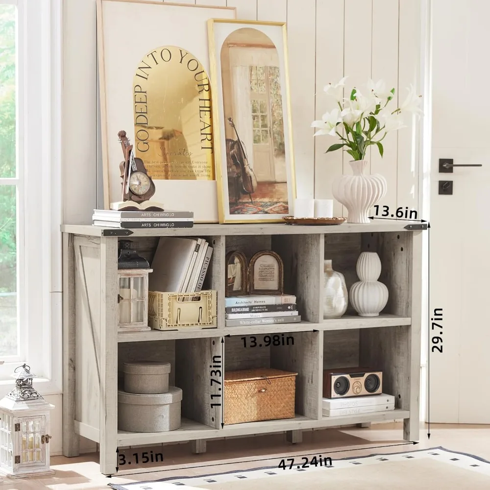 Farmhouse 6-Cube Bookshelf, Rustic Grey Oak Wood Storage Organizer, 47-Inch Tall Bookcase
