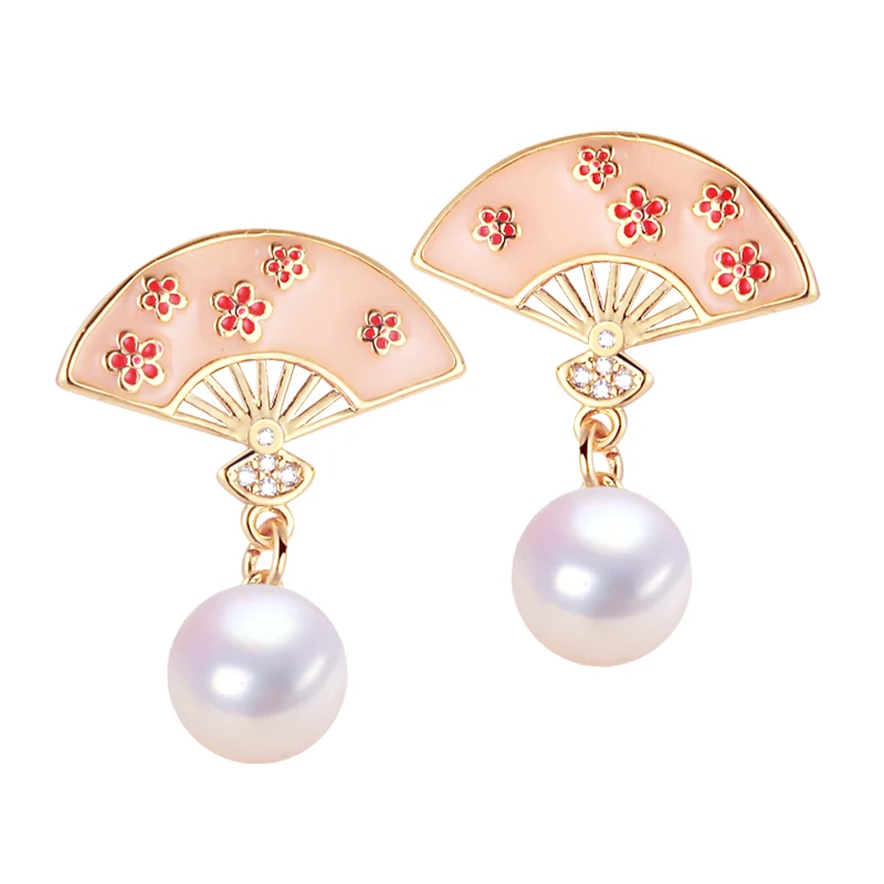 ZHBORUINI 2024 Natural Freshwater Pearl Earrings For Women 14K Gold-Plated Chinese Fan Pearl Earrings S925 Silver Needle Gift
