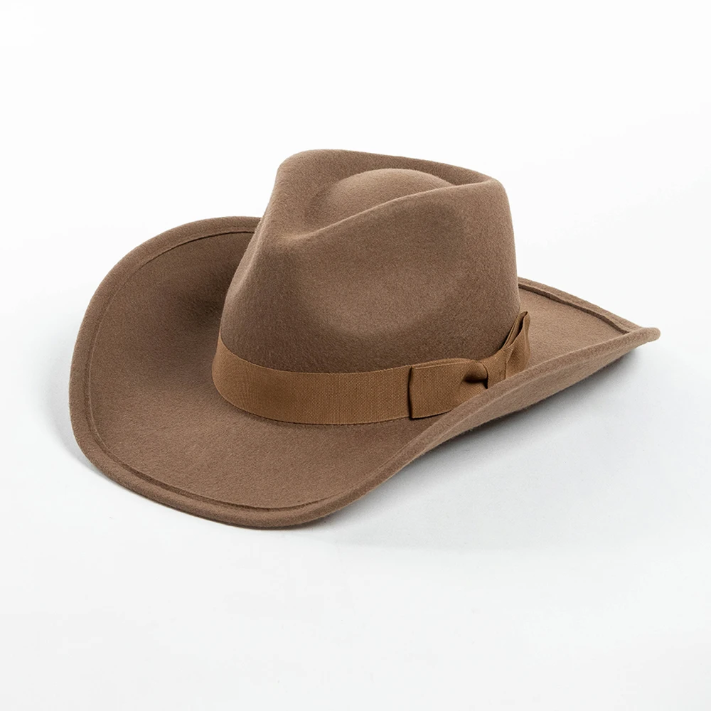 100% Gyapjú Végigtapogat Cowboy Kalap Széleskörű Káva vel Pántlika bowknot