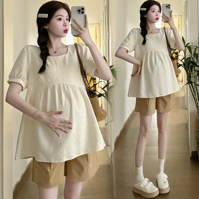 woman-dobby-tees-loose-pregnancy-shirts-blouses-cute-short-sleeve-maternity-summer-top-fashion-square-collar-high-waist-pregnant