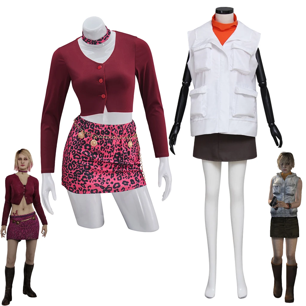 Heather Mason Cosplay Hooded Sleeveless Vest Mini Skirt Set Maria Cosplay Game Suit Wine Red Crop Top Leopard Print Mini Skirt