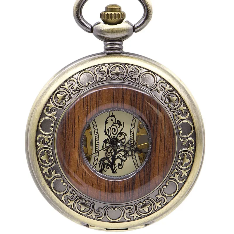 Bronze Mechanical Pocket Watch Solid Wood FOB Chain Roman Dial Hollow Steampunk Skeleton Mens Womens Clock Watches PJX1396