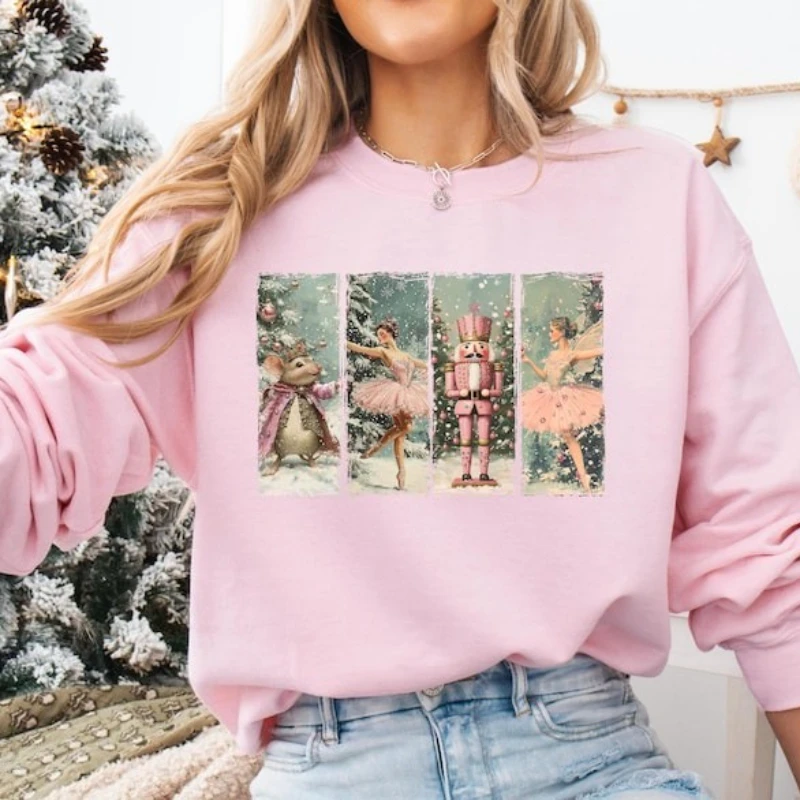 Merry Christmas Pink Festive Christmas Sweatshirt Nutcracker Ballerina Holiday Autumn and Winter Long Sleeve Keep Warm Pullover