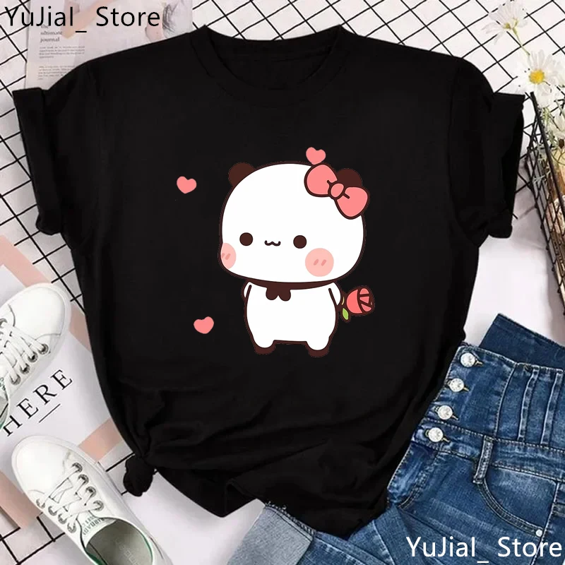 Kawaii Panda Bubu Dudu Cartoon Print T Shirt Girls Pink Bow Rose Love Tshirt Women Harajuku Shirt Summer Short Sleeve T-Shirt