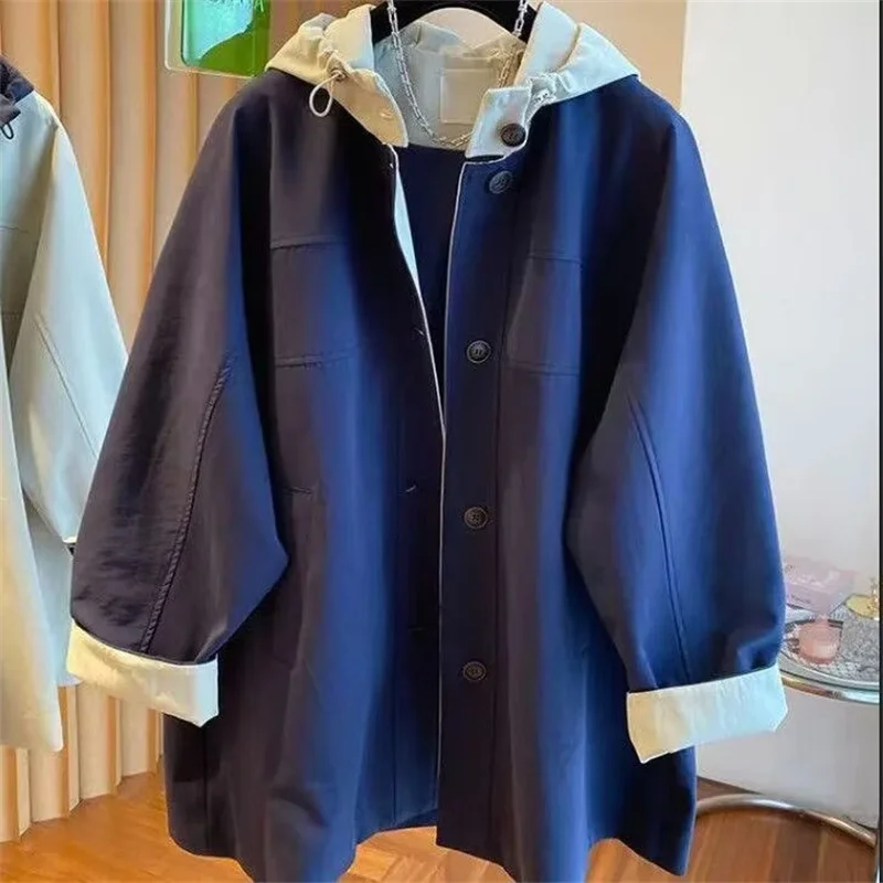 

Trench Coat Woman Fashion Cardigan Loose Contrast Color Spring and Autumn Trench Coat Hooded Jacket Long Coat Senior Casual Coat