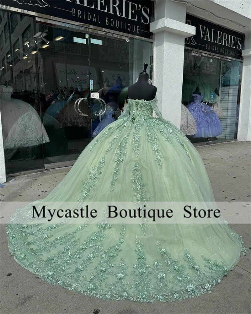 Green Lace Quinceanera Dresses Ball Gown 2024 With Long Sleeve Appliques Beads Sweet 15 Dress Lace-Up Vestido De 15 Anos