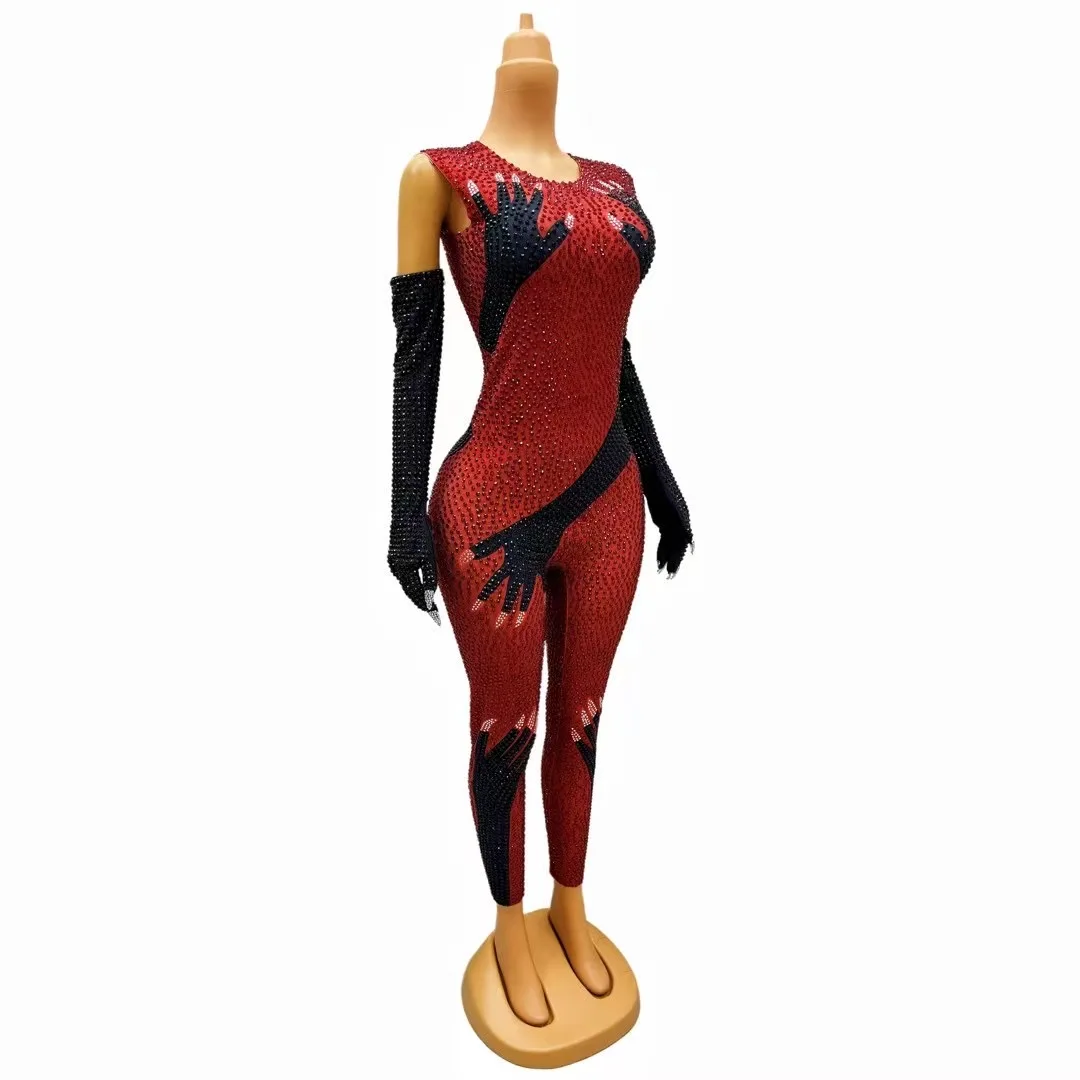 Red Black Full Rhinestones Bodysuit Evening Birthday Celebrate Sexy Stretch Jumpsuit Gloves Outfit Dance Performance Costume