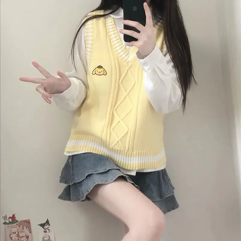 Kawaii بلدي ميلودي سينامورول الخامس الرقبة الحياكة سترة Jk القمم أنيمي كورومي Pompompurin Preppy الخريف طالب الحلو الفتيات سترة #5