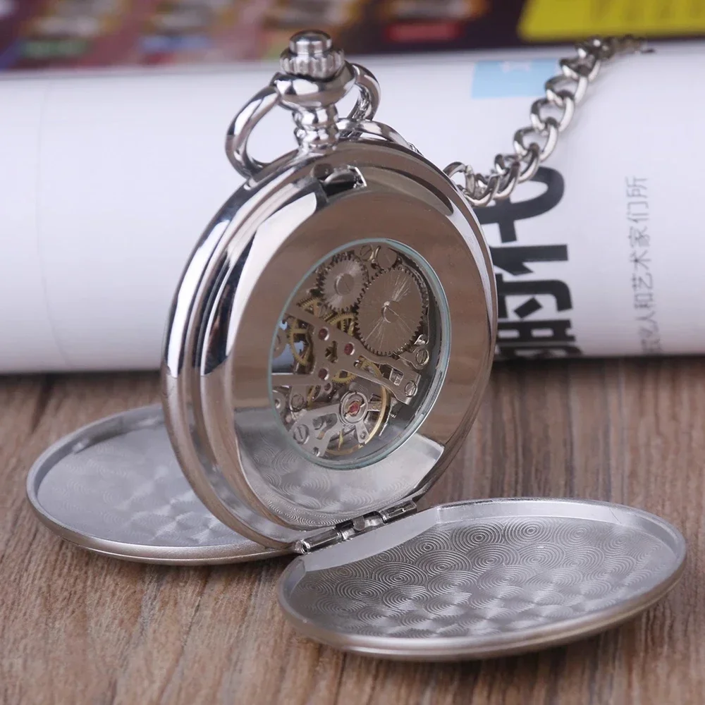 Stainless Steel Men Mechanical Pocket Watch Vintage Skeleton Dial Sivler Double Face Hand Wind Mechanical Fob Chain Watches Gift