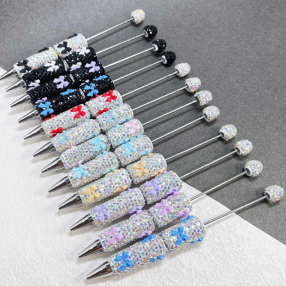 20Pc Diamond Soft Ceramic Bow Bead Pen DIY Beaded Ballpoint Pens Creative Multi-color Sparkling Gift Student Pen Office Supplies