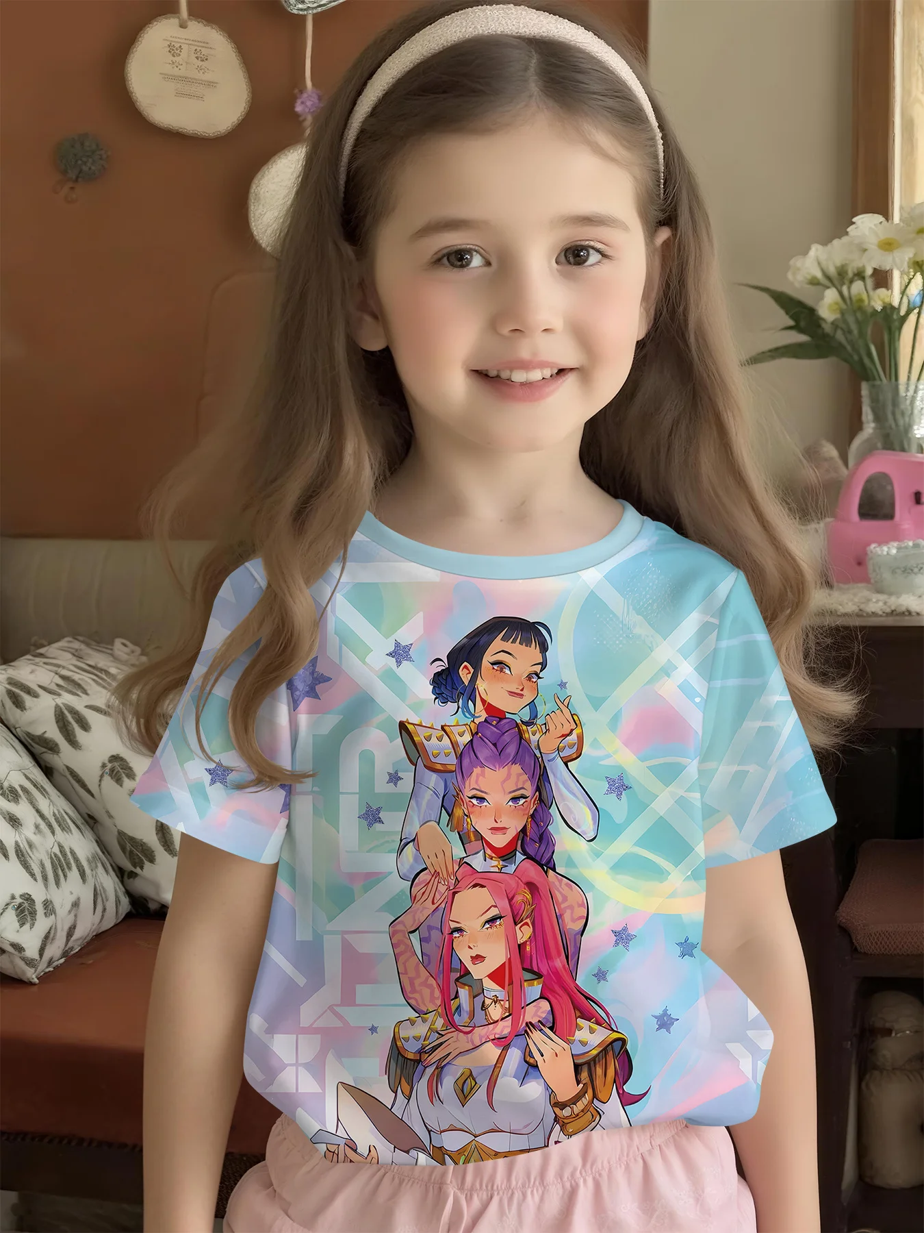 Girls Trendy Anime‑Style Tee Shirt, Magical Fantasy Warrior Girls Art Print Short Sleeve Crew Neck Toddler Daily Tee