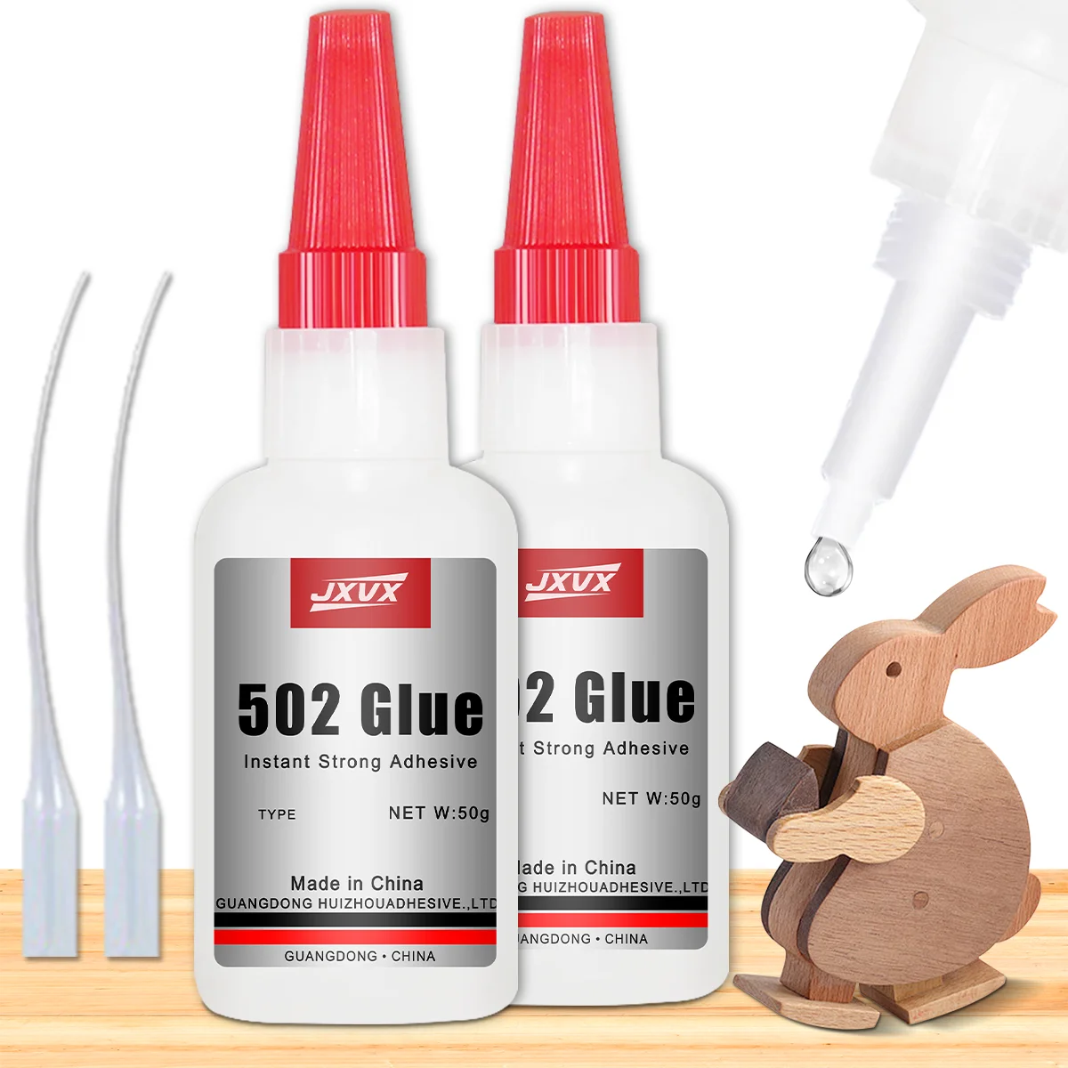 Jxvx 50g 502 Super Glue Instant Fast Drying Cyanoacrylate Adhesive Leather Rubber Glass Wood Metal Strong Liquid Glue Tool, Larger Capacity, Adhesive Lasts Longer, 502 Super Glue