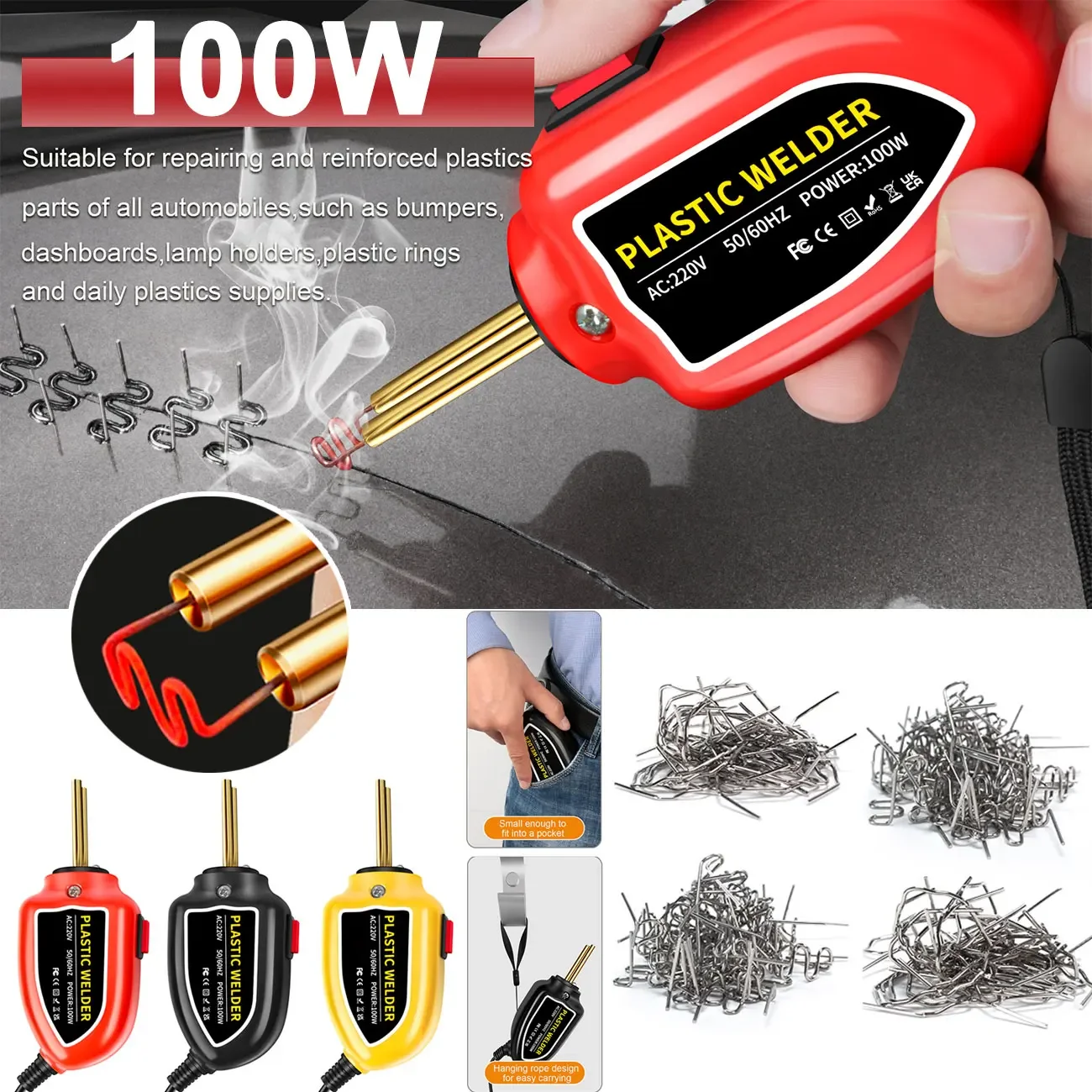 100W Portable Plastic Welder Hot Stapler Plastic Repair Kit Car Bumper Crack Kayak Repair Plastic Welding Machine Soldering Iron