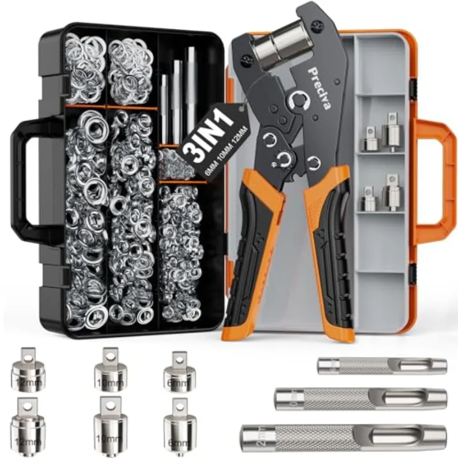

3-Size Grommet Tool Kit - 1/2" 1/4" 3/8" Hole Punch and Eyelet Setting Tool with 300Pcs Grommets Handheld Eyelet Plier for Tarp