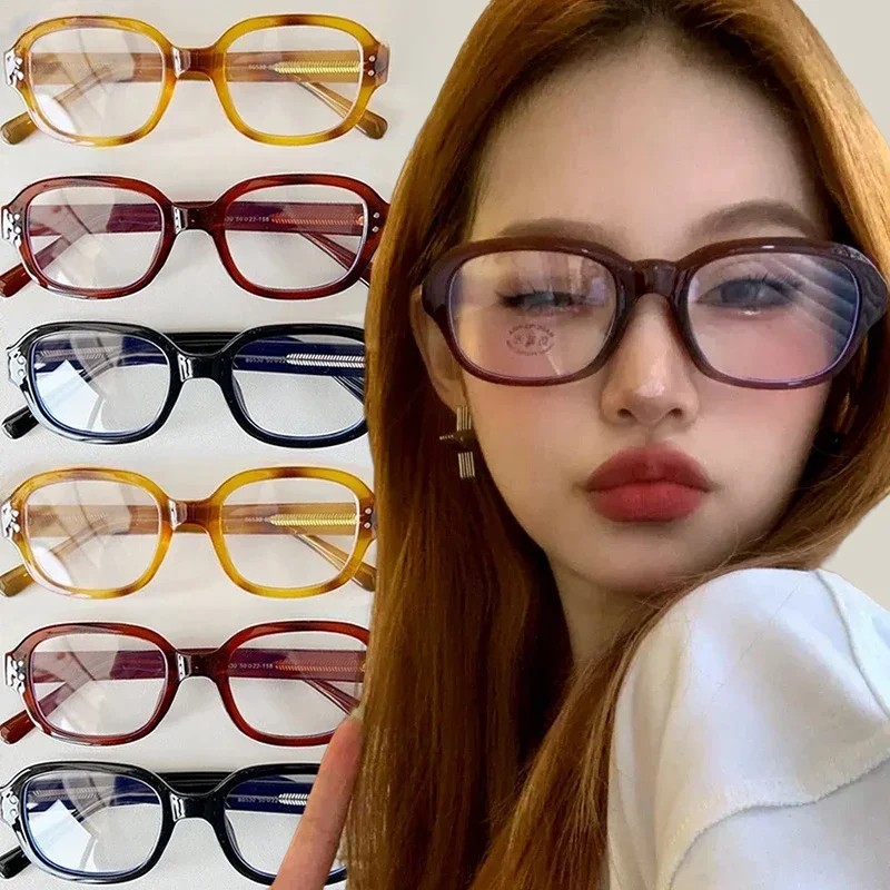 Retro Square Oval Frame Anti Blue Light Glasses Red Thick Frame Plain Eyes Glasses Korean Fashion Female Eye Protection Eyewear