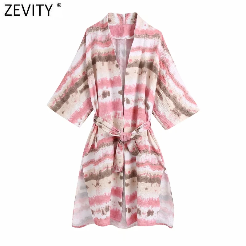 ZEVITY 2021 Women Vintage Color Matching Tie Dyed Printing Split Cardigan Coat Female Bow Sashes Kimono Chic Summer Tops CT721