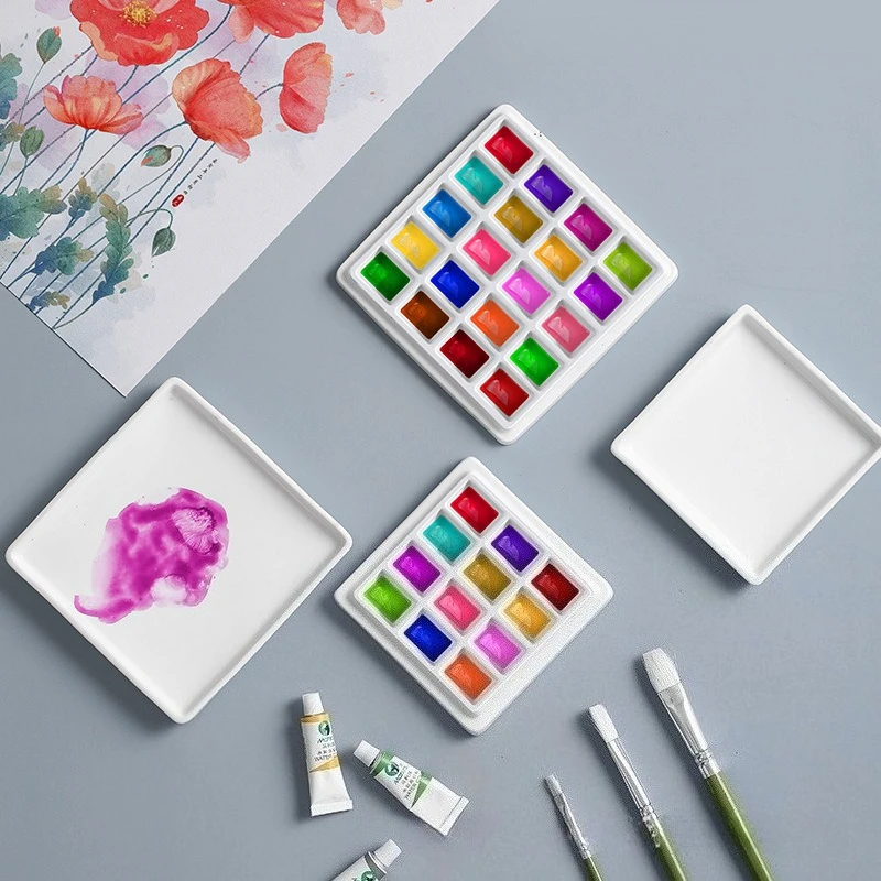 12/20 Well Ceramic Palette Square with Cover Easy To Clean and Easy To Carry for Acrylic Watercolor Painting Color Mixing