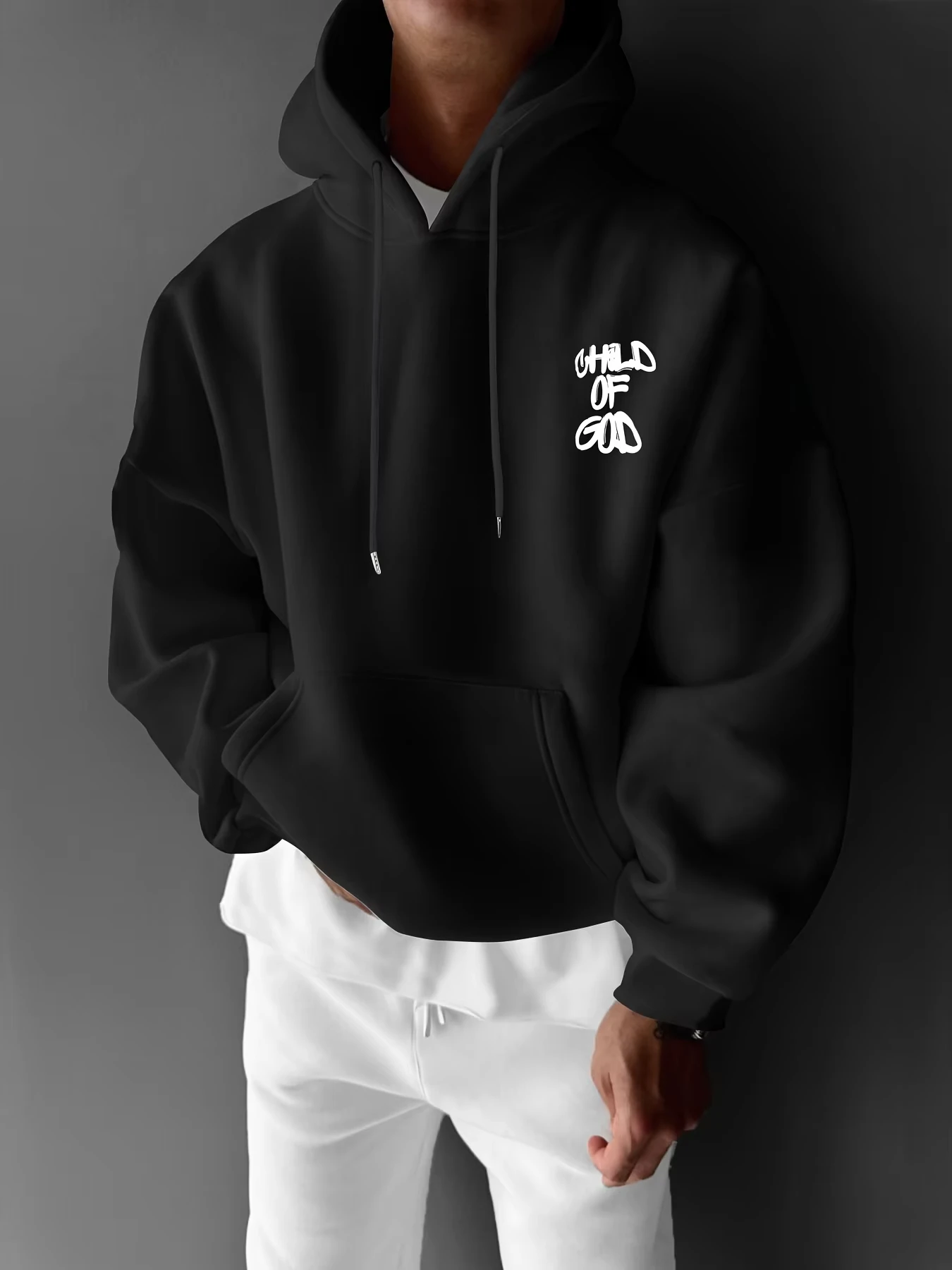 Black Hoodie Child Of God Print Pullover Men Casual Loose Streetwear Sweatshirt Christian Religious Psalm 23 Graphic Top