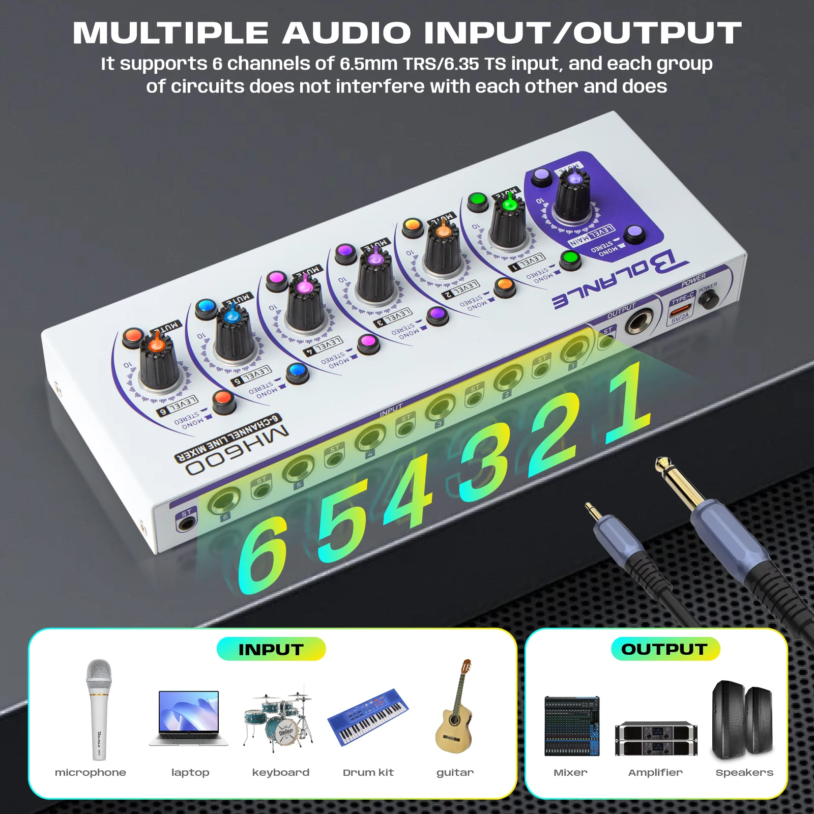 Bolanle MH600 Ultra Low-Noise 6-Channel Line Mixer Equipped with stereo mono switching and mute function RGB lighting effect - Image 3