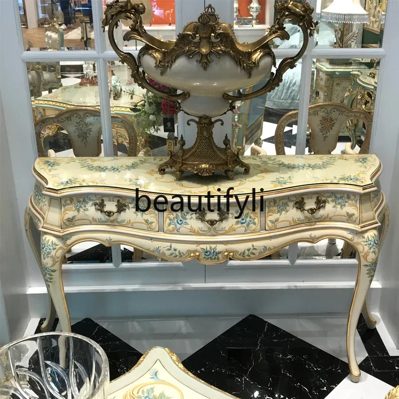 

D06 Luxury French European heavy industry hand-painted rose flower beige entrance table sofa desk entrance cabinet