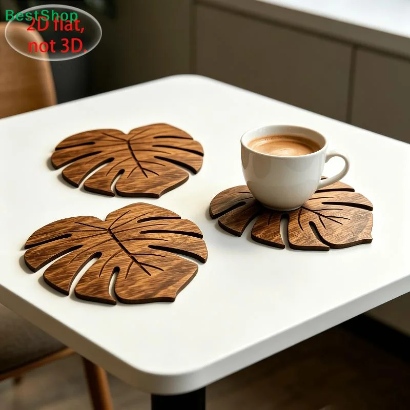 〔R〕6Pcs 2D Flat Printing Monstera Deliciosa Natural Wood Coaster Set,Anti-Slip Table Mat,Best Choice For Christmas, Perfect Gift