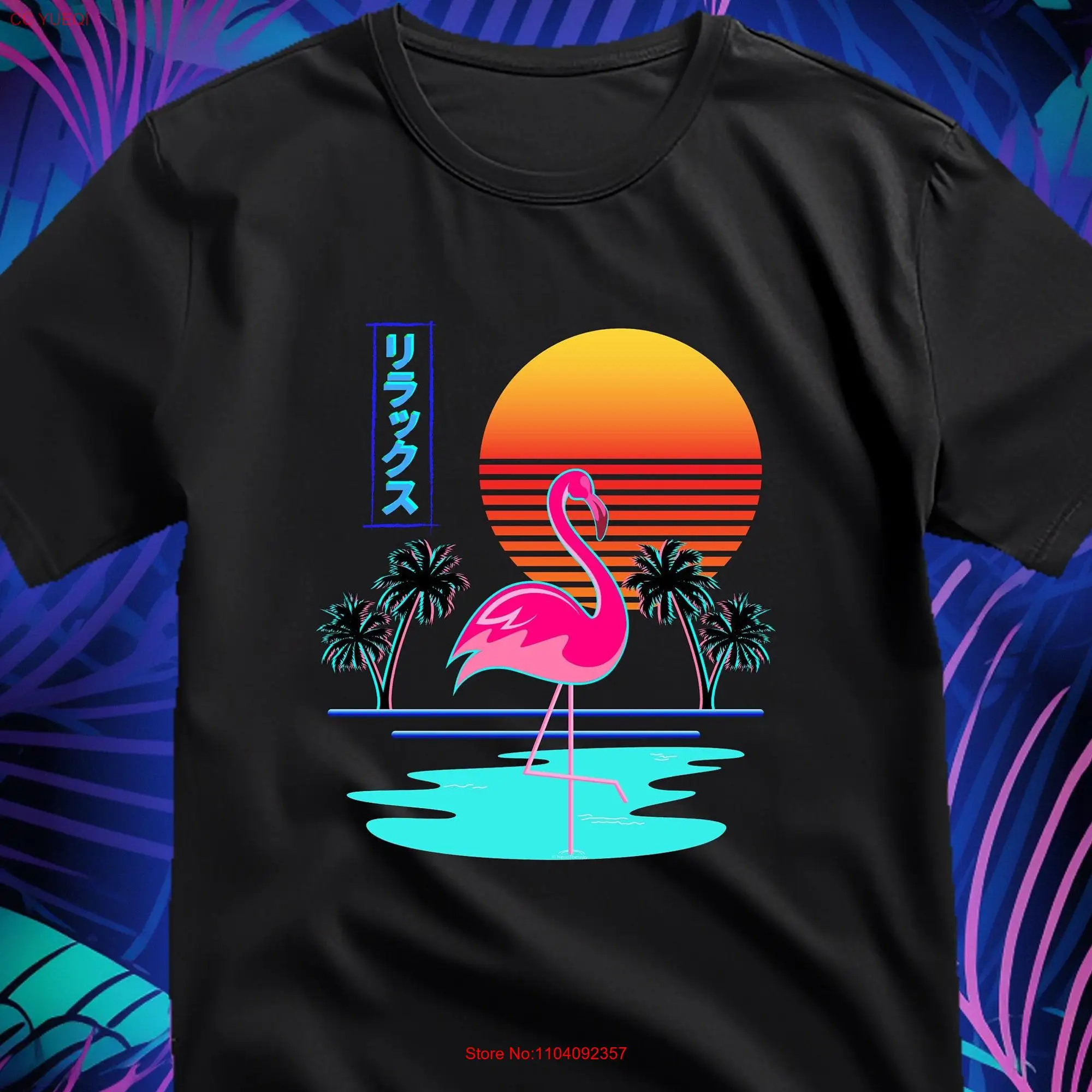 80s Synthwave Aesthetic Inspired Wading Flamingo T Shirt long or short sleeves