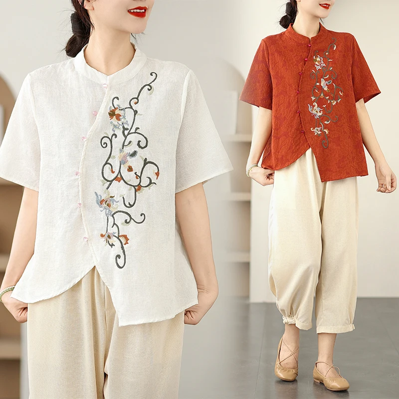 

New Chinese Sle Summer irt Women's Cotton Linen ort Sve Top Set for Middle-Aged And ly Faionable Traditional ...