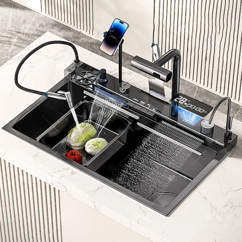 Aço inoxidável Scratch-Resistant Único Slot Kitchen Sink, Titular Smartphone grande, Cachoeira, Dreno Direito, Lavatório, Honeycomb