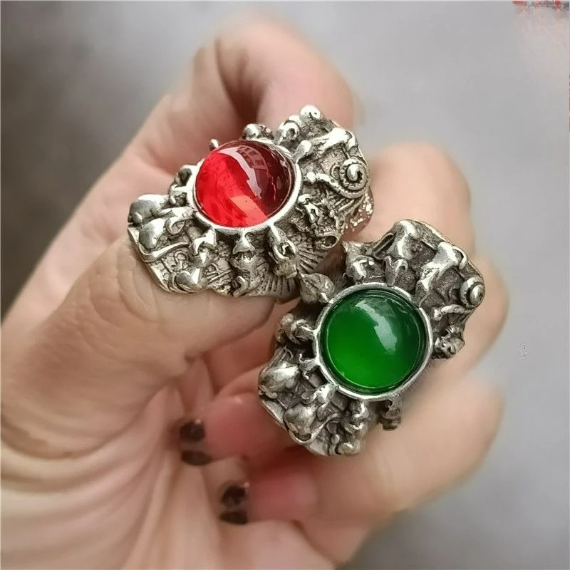 Antique Collectible Green Gemstone Silver Ring, Qianlong Mark Vintage Old Jewelry